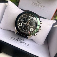 天梭TISSOT V8系列 黑色配綠色錶盤 黑色皮革錶帶 石英 三眼計時 男錶T1064171605700