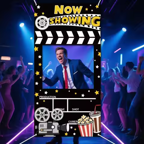 Hollywood Movie Night PhotoBooth Frame Now Showing Film Theme Background Banner for Cinema Party Red