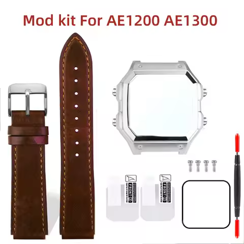 Stainless Steel AE1200 1300 Case For Casio 3299 AE-1200 AE-1300 Mod Kit Bezel AE1200 Leather Strap b