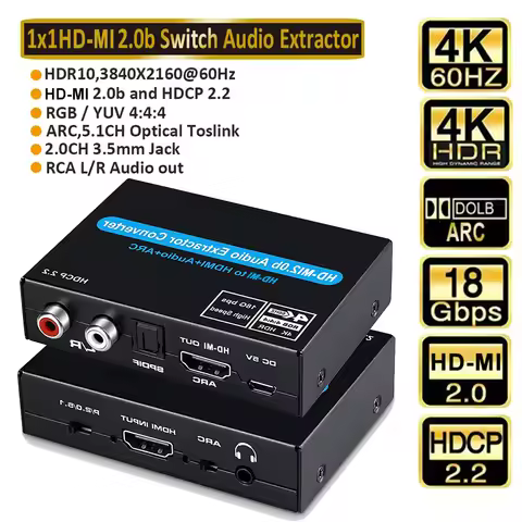 4K 60Hz Audio Extractor HDMI-compatible 2.0 Audio ARC Switch Support 5.1Ch HD2.0b with audio toslink