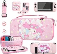 RHOTALL Cute Bunny Carrying Case for Nintendo Switch, Pink Potable Travel Case Accessories Bundle for Switch with Protective Shell, Shoulder Strap, Game Card Case, Screen Protector and 2 Thumb Caps