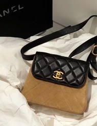 Chanel 25A bag 卡其色 麂皮 拼黑色皮 方塊 小方包 手袋 斜咩袋