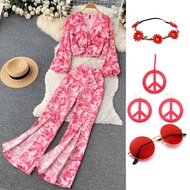 60s 70s Retro Outfit For Woman Top Pants Headband Disco Necklace Earrings Glasses Halloween Purim Party Costume