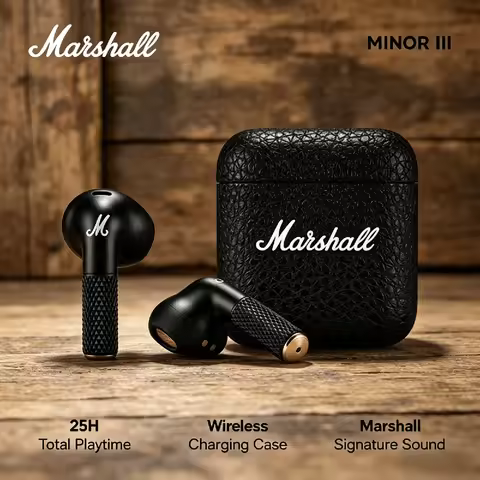 Original Black Marshall MINOR III TWS True Wireless Earphones Bluetooth Active Noise Reduction Long 