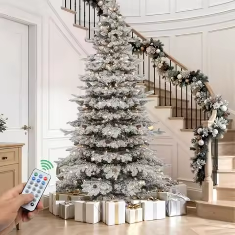 7.5ft Prelit Snow Flocked Christmas Tree with Remote, Hinged Christmas Tree 550 Warm/Multicolor Chan