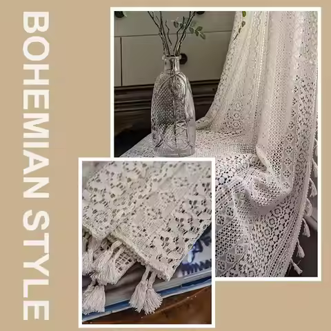 Pastoral Style 150cm Lace Window Screening Boho Style Hollow Lace Tassels Curtain Voile Tulle Curtai