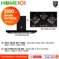 EF Wall Mounted Hood 90cm CK FINO PLUS BK &amp; Built-In Hob 3 Burners EFH 7635 WT VGB