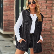 Retro DENIM เสื้อกั๊ก Jacket หลวมสบายๆผู้หญิงอินเทรนด์ผ้าไหมวัสดุไม่มีปกตกแต่ง-ฟรีแหล่งกําเนิดสินค้า