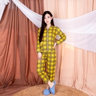 baju setelan celana panjang tye dye wanita guilena kotak bahan katun - kuning