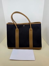 愛馬仕 Hermes Z刻 黑色帆布拼栗棕牛皮 Garden Party36 花園包 有單