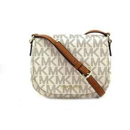 Michael Kors Crossbody 專櫃款香草白MK Logo馬鞍包側肩/斜背包(中款)