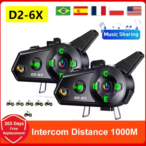 2024 New D2-6X Motorcycle Helmet Bluetooth Intercom 6-Person Switching Intercom Distance 1000 Meters