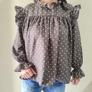 5139 Odilia Flower Ruffle Blouse Polos Motif Bunga Bordir Lengan Panjang  Atasan Polos Putih / Atasa