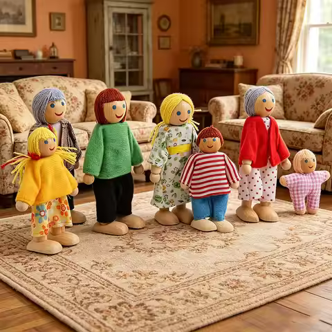 7pcs Wooden Family Dolls Mini People Figures Dollhouse Role Playing Imagination Toys Fun with Dollho