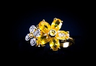 (R34 ชื่อแบบ "จันทร์กระพ้อ") : แหวนทองทรงดอกไม้ประดับพลอยบุษราคัมบางกะจะแท้ ล้อมด้วยเพชรแท้ (Yellow Sapphire)