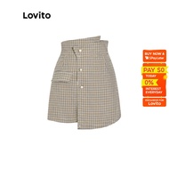 Lovito Casual Plaid Asymmetrical Zipper High Waist Culottes Shorts for Women L53AD081 (Khaki) Lovito Celana Pendek Kulot Kasual Kotak-Kotak Ritsleting Asimetris Pinggang Tinggi untuk Wanita