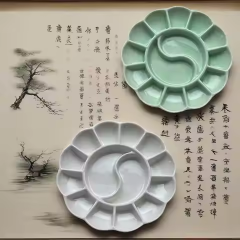 14 Well Chinese Style Ceramic Palette 16x2.2cm Easy To Clean Acrylic Watercolor Gouache Oil Painting