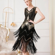 Women's Great Gatsby Dress V Neck Sequin Beaded Long Fringe Roaring 20s Party 1920s Flapper Dress 43