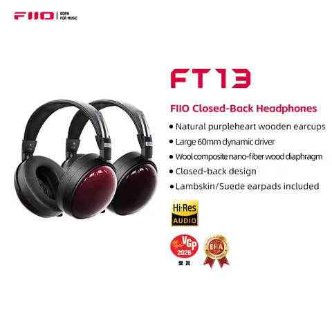 FiiO FT13 Audiophile Closed-Back Headphones, 60mm Large Dynamic Driver with W-Shaped Wool & Nano Woo