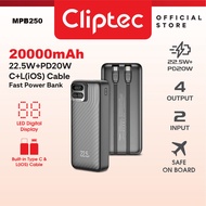 Cliptec MPB250 20000mAh 22.5+PD20W Fast Charging Power Bank With Built-in Cable Type-C & Compatible 