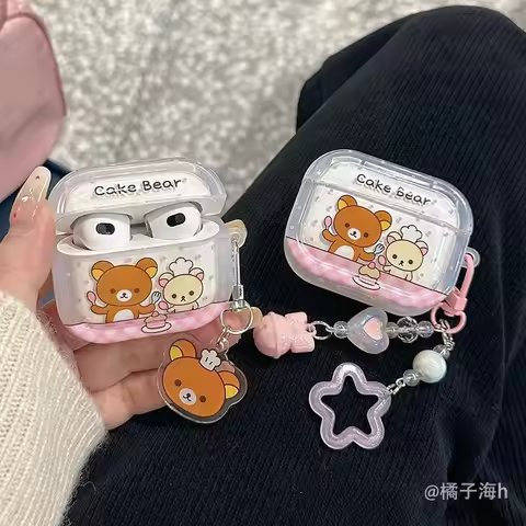 Kawaii Rilakkuma Headphone Protective Case for AirPods 4 3 Airpodspro2 Pendant Transparent Soft Shel