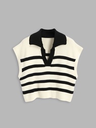 Cider Knit Stripe Polo Vest เสื้อโปโลแขนสั้นผู้หญิง เสื้อไหมพรมแฟชั่นผญ ลุคสตรีท สไตล์เกาหลี