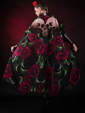 European and American Skeleton Head Rose Print Medieval Anime Cosplay Halloween Kimono Cardigan Deat