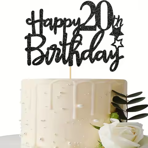 1pc 20th Cake Topper, Black Glitter 20th Decoration for 20 Year Party, Anniversary Cheers