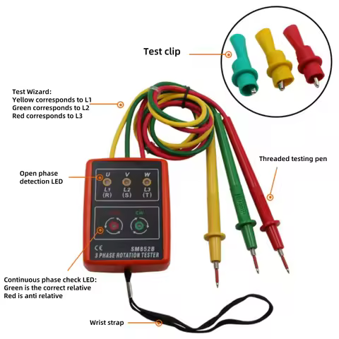 SM852B 3-Phase Sequence Tester, Portable AC Voltage Current Phase Detector Meter