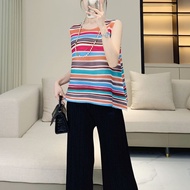Womens Pleated Top New Summer Sleeveless Vest Loose Plus Striped T-shirt