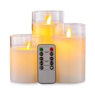 Set of 3 Glass Flameless LED Candles Real Wax Pillars & Moving Flame Wick and Remote with Timer, Bat