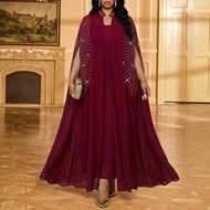 Plus Size Women Elegant And Noble 2 Pieces Set, Red Chiffon With Silver Foil Stamping Coat And Tight