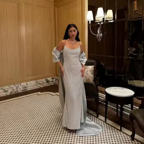 Customized Strapless Silver Satin Mermaid Evening Dress Sequined Sweep Train Backless Floor Length P