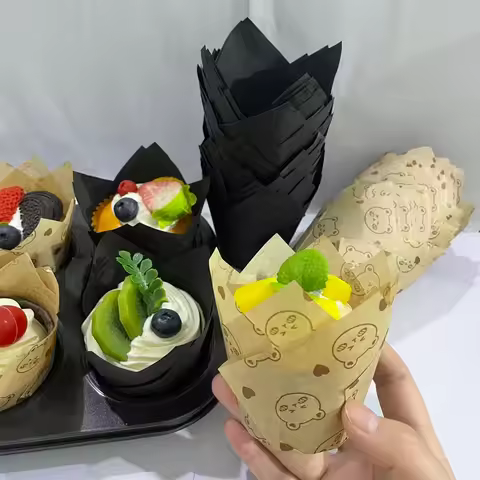 50Pcs Bear/Pure Black Tulip Cake Cups, Oil-Proof Baking Cups, Perfect for Birthday and Wedding Parti