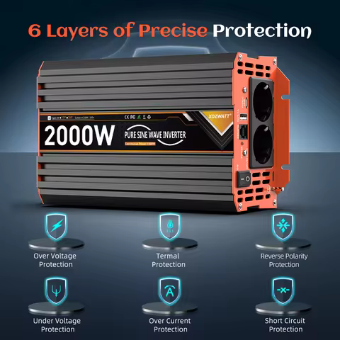 1000W/2000W Pure Sine Wave Inverter 12V to 220V High Efficiency Conversion with 2 AC Output 1 USB In