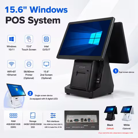 15.6 inch Windows POS System i3 i5 i7 Win10 Win11 Touch Screen Cash Register 58/ 80mm Thermal Printe
