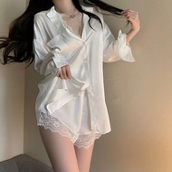 Pajamas Ladies Pajamas Ladies Pajamas Lace White Shirt Pajamas Black Temperament Long-Sleeved Stitch