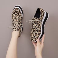 Leopard Wedges Woman Sneakers Lace-Up Casual Light Shoes 7cm Heels Fashionable Platforms Large Size 