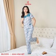 Bộ đồ mặc nhà nữ CARDINA tay ngắn chất lanh phối ngực họa tiết 5BLD03