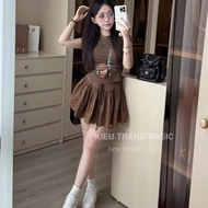 Shirt and skirt set, lady's skirt set, printed zip top set with embossed floral lace skirt K87