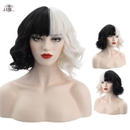 JEREMY1 Cruella De Vil Wig Invisible Smooth Party Half Black Half Milk White Curly Short Small Wavy 
