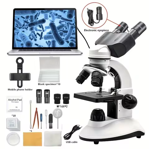40X-1280X Compound Binocular Microscope, Dual LED with USB Camera, Slides, Phone Mount & Specimen Ki