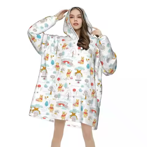 Winnie The Pooh Kawaii Wearable Blanket Hoodie for Women Men Oversized Sweatshirt Blanket with Pocke