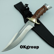 OKgroup Fixed blade knife Bowie knife มีดโบวี่ มีดโบวี่ทหาร มีด มีดพกพา มีดเดินป่า มีดแคมป์ปิ้ง มีดใบตาย มีดสวย มีดทหาร มีดพกทหาร มีดพกเดินป่า 58HRC 3CR13MOV น้ำหนักดี ยาว30.80ซม. ด้ามไม้ หัวทองแดง มาพร้อมซองไนลอนอย่างหนา มีรูร้อยเข็มขัด CL01
