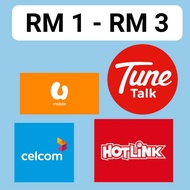 Topup Rm1-3 Termurah Celcom Umobile Tunetalk Hotlink/maxis