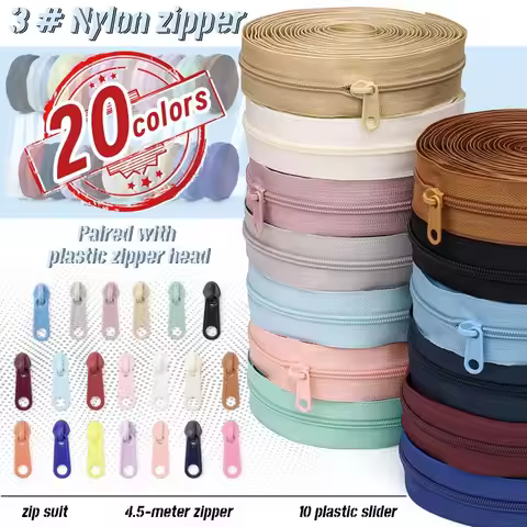 1 group = 4.5m zipper + 10 plastic zipper heads, 20 colors optional, home sewing DIY replacement zip