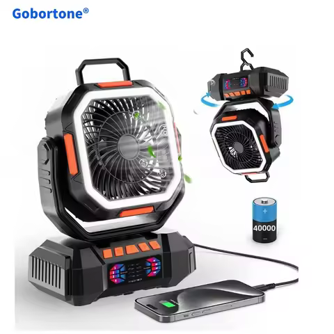 Gobortone 40000mAh Portable USB Ventilador Rechargeable Outdoor Camping Fan Power Bank with Light & 