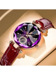 女士手錶,紅色pu皮革錶帶,紫色人造水晶錶盤,時尚閃亮,耐水性,寶石款石英手錶,附贈手錶盒