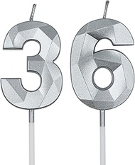 36th & 63rd Birthday Candles for Cake, Silver Number 36 63 3D Diamond Shaped Candle Birthday Decorat