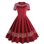 Wine Red Short Sleeved Lace Hollow Dress Vintage 50S Elegant Dress